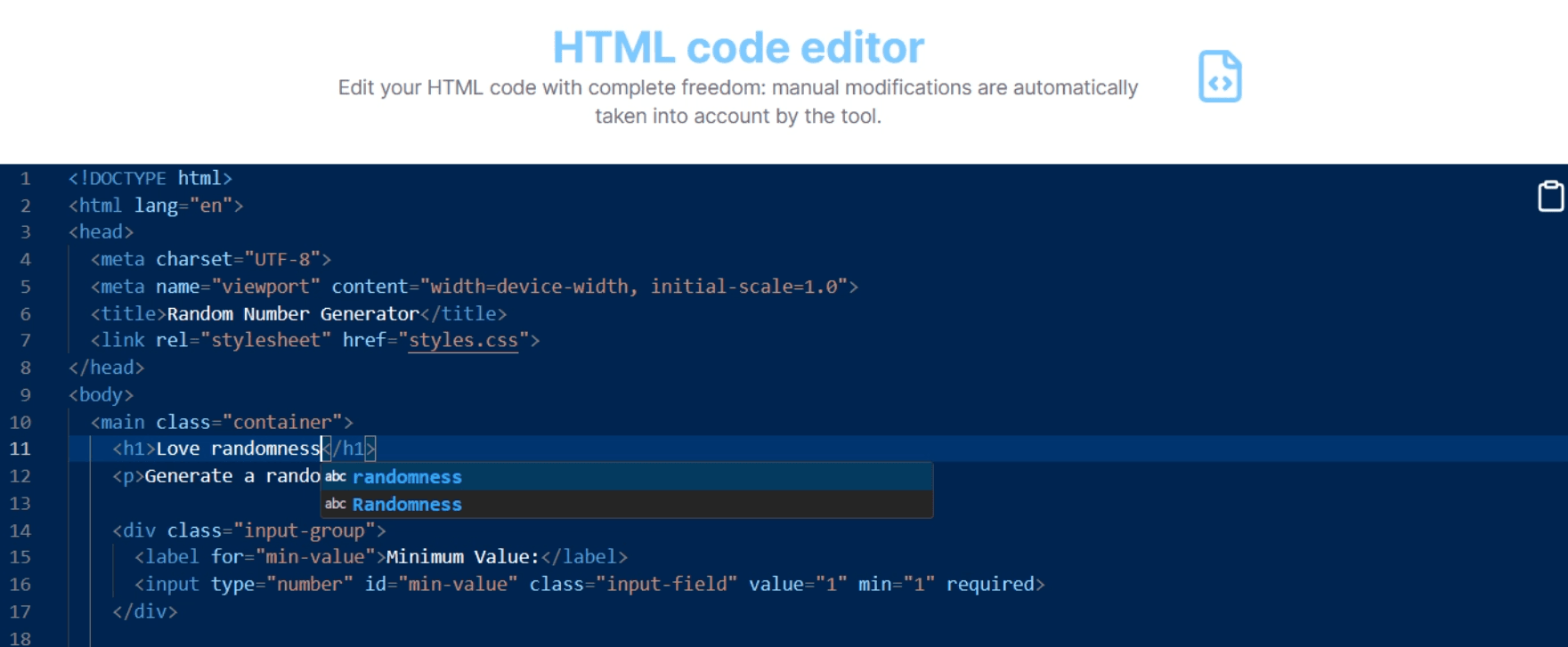 Step 5 - Modify HTML, CSS and Javascript code directly in code editor if you want to